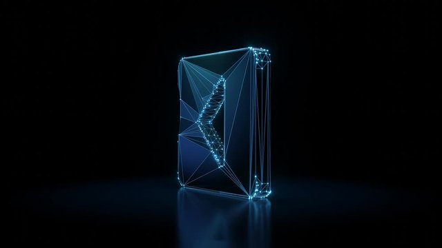 3d rendering seamless loop 4k rotation wireframe neon glowing symbol of caret square left with shining dots on black background with blured reflection on floor