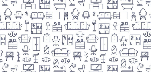 Pattern for furniture concept with outline icons for home decor, furniture store, renovation. Flat vector design. Modern graphic design. Home accessories.