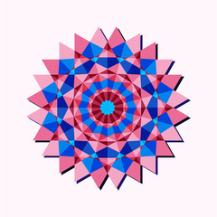 This is a polygonal pattern. This is a blue and pink geometric mandala. Kaleidoscope pattern. This is a vector arabic geometric symbol.