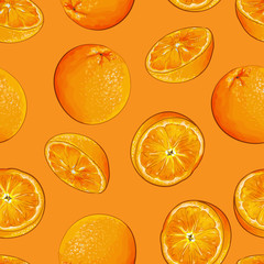 Citrus fruits. Seamless pattern with oranges, slices on orange background. For wrapping paper, kitchen design.Vector stock illustration.