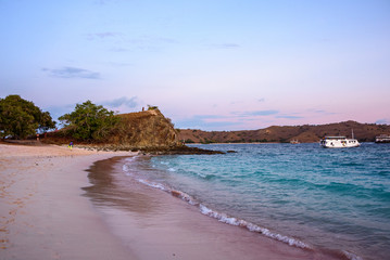 Beautiful and unique Pink beach during sunset at Komodo Island, East Nusa Tenggara, Indonesia