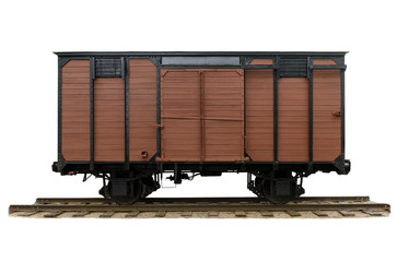 Cargo wagon on rails, isolated on a white background with clipping path. Side view.