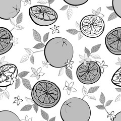 Monochrome gray seamless pattern with fruit citrus, lemon, orange, leaves , flowers on white background. Cartoon style. Hand drawn. For wrapping paper, kitchen design. Vector stock illustration.