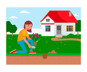 Woman planting flower in seedbed sit on ground