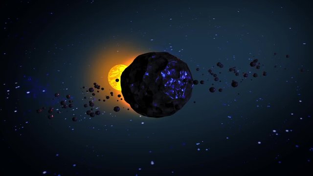 The rotation along the orbit of the asteroid with lots of debris in outer space. 3d graphics and rendering. Looped video