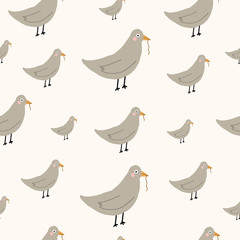  bird Seamless repeat hand drawn doodle childish pattern. Brown, beige, and tan.