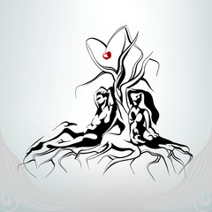 Silhouette of Adam and Eve sitting near a tree