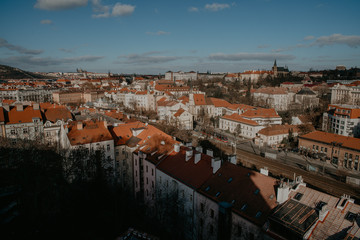 top view on sunny Prague old beatiful roofs