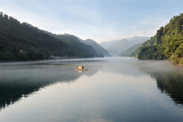 Misty Morning of Qi River, Tributary of Xiang River, City Chenzhou, Hunan Province, China in July 2017-2