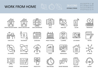 Vector icons Work from home. Editable Stroke. Remote employees woman and man workplace. Video conference email, time and project tracker, productivity strategy. Support online chat call presentation
