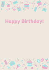 Happy birthday flat colorful seamless patternwith birthday cake, gift box, balloons, greeting cards, music notes for wallpapers, wrapping, textile prints, backgrounds, postcards. Set of festival icons