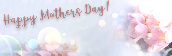 Fototapeta na wymiar Happy mothers day expression. Card concept, pastel colors, banner size - English text