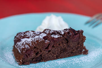 chocolate cake on a green plate