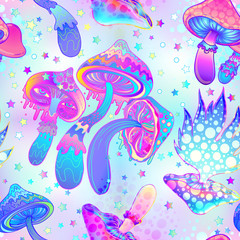 Magic mushrooms. Psychedelic hallucination. Vibrant vector illustration. 60s hippie colorful art.