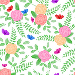 Watercolor floral seamless pattern. Red, pink and yellow roses with green leaves, on white isolated background. Decorated with small wildflowers.