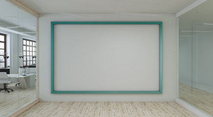 Large white empty wall with canvas in empty meeting room. 3d rendering