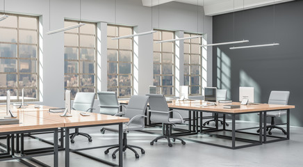 Side view of a modern office with a grey wall. Rows of tables, equipped workstations. 3d rendering.