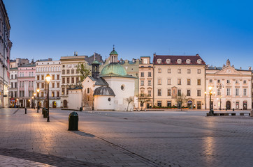 Fototapeta na wymiar Main market square, St adalbert church and houses in the night, Krakow, Poland