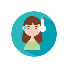 cartoon woman with fever icon, block style