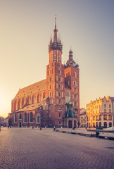 Fototapeta na wymiar Krakow, Poland, St Mary's church on the Main Square in the morning sunlight