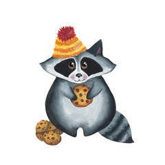 watercolor hungry cute raccoon with cookies