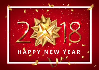 Fototapeta na wymiar Vector stock premium luxury Christmas 2018 Happy New Year or Chinese celebrate new year red background with beautiful golden gift bow, confetti and Christmas elements