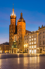 Fototapeta na wymiar Main market square, St Mary's church in the night, Krakow, Poland