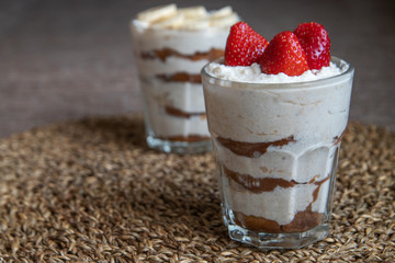 Homemade tiramisu without sugar with fruit(strawberry, banana). Healthy eating. Home cooking. We cook in self-isolation. Diet. Low in calories.