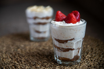 Homemade tiramisu without sugar with fruit(strawberry, banana). Healthy eating. Home cooking. We cook in self-isolation. Diet. Low in calories.
