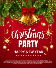 Vector stock Christmas Party Happy New Year traditional classic design template. Jingle golden bells with ribbon bow, christmas ball, stars, fir tree branches isolated on red Vector illustration EPS10