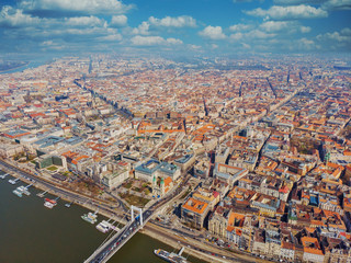 Beautiful morning top view of Budapest. Top view of the bridge Erzhebet and Danube. Hungary.