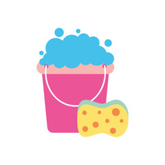 bucket with soapy water and sponge, flat style