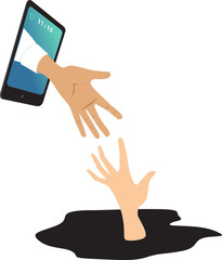 Helping hand coming out of a smartphone to catch a drowning person as a metaphor for online mental health consultation, EPS 8 vector illustration