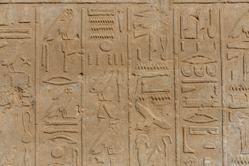 Egyptian ancient hieroglyphs on the stone wall
