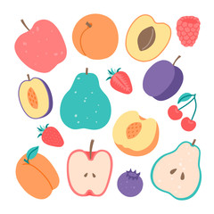 Fresh fruit and berry, vegetarian food, time to detox with organic vitamins diet. Hand drawn vector illustration on isolated background in flat cartoon style. 