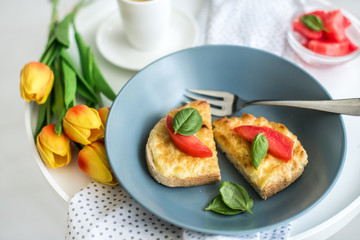 egg and cheese sandwich.romantic breakfast