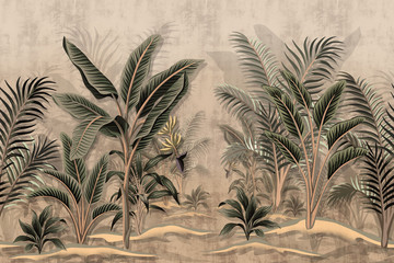 Fototapeta Vintage tropical palm trees banana palm tree dirt background. Wallpaper of Tropical Rain Forest obraz