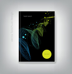 Booklet or brochure cover template with swirl background, colorful flowing lines on black