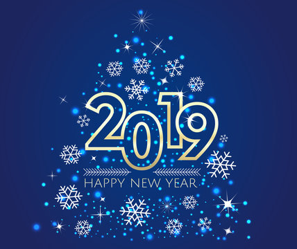 Happy New Year 2019 blue gold line design spark snowflake with glitter and sparkle firework shining white blue vector illustration. EPS 10