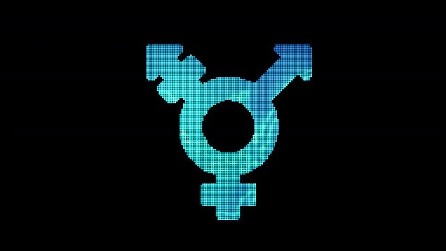 The symbol transgender is assembled from small balls. Then it shimmers with blue. It crumbles and disappears. In - Out loop. Alpha channel