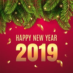 Merry Christmas and Happy New Year 2018 greeting card with Chrirstmas decor fir twigs and confetti and numbers 2018. Red and green christmas classic colors Vector illustration. EPS 10