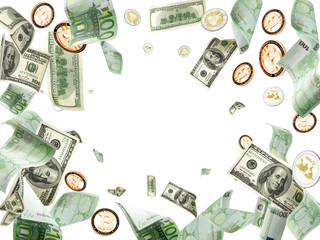 Fototapeta premium Money background. Hundred dollar, Bitcoin, euro business money falling. Usd bill cash isolated