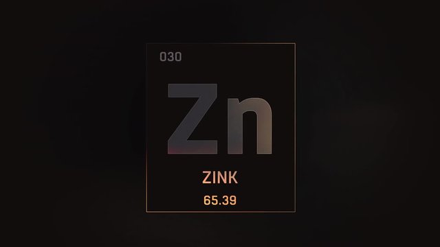 Zinc as Element 30 of the Periodic Table. Seamlessly looping 3D animation on grey illuminated atom design background with orbiting electrons. Design shows name, atomic weight and element number