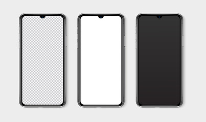 Realistic smartphone mockup set. Mobile phone blank, white, transparent screen design mock up. Isolated vector illustration