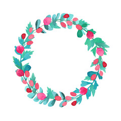 Hand drawn watercolor wreath with mint leaves and pink berries on a white background. Round frame with bright pink buds for invitations, scrapbooking and cards.
