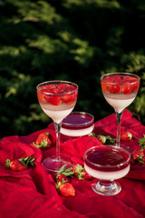 Fresh strawberry jelly on old wooden background. Tasty healthy vegetarian dessert sugar free. 
