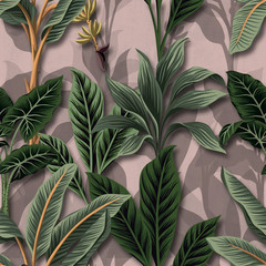 Fototapety  Vintage tropikalne palmy drzewo bananowe bezszwowe kwiatowy wzór różowy tło. Tapeta egzotyczna dżungla roślinna.