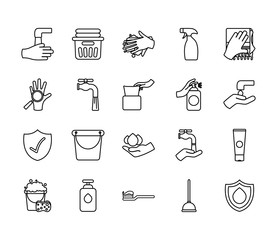 clean hands and hygiene icon set, line style