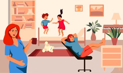 Fototapeta premium young family in isolation. activities during the period of self-isolation