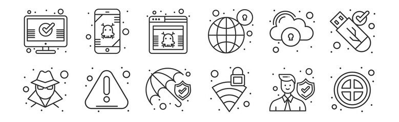 set of 12 thin outline icons such as banned, wifi, alert, cloud storage, virus, error for web, mobile